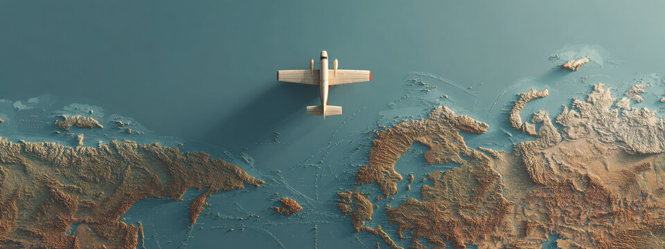Model plane above detailed topographic map illustration for travel and global concepts