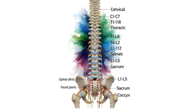 Posterior spinal column anatomy illustration with colorful paint spray highlighting cervical, thoracic, lumbar, sacral and coccygeal segments, facet joints and spinal nerves, ideal for back pain educa