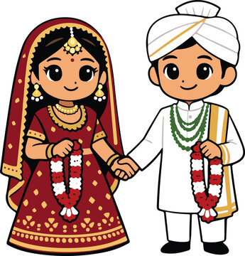 Adorable Indian Bride and Groom in Ornate Red Lehenga with Dupatta and White Kurta with Turban Holding Hands and Floral Garlands, Joyful Cartoon Wedding Couple vector illustration

