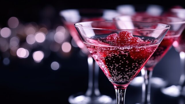 Elegant raspberry cocktail in martini glasses with sparkling bubbles on dark background. Luxury party, nightlife and celebration concept with copy space for bar or event advertising