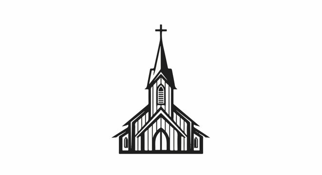Stylized black and white illustration of a traditional church building with a steeple
