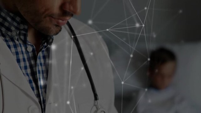 Network of connections and data processing animation over doctor examining patient