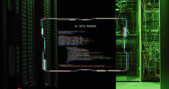 AI data mining text over server racks in data center