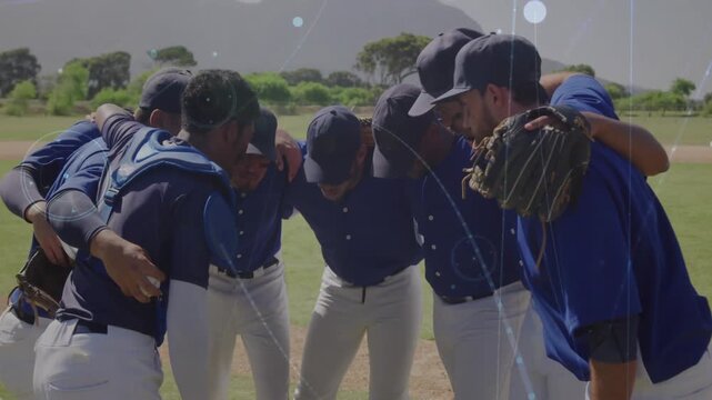 Baseball team huddling on field with network connections animation overlay