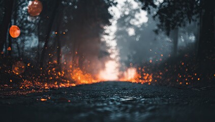 Fototapeta premium A forest path engulfed in glowing orange light and atmospheric mist