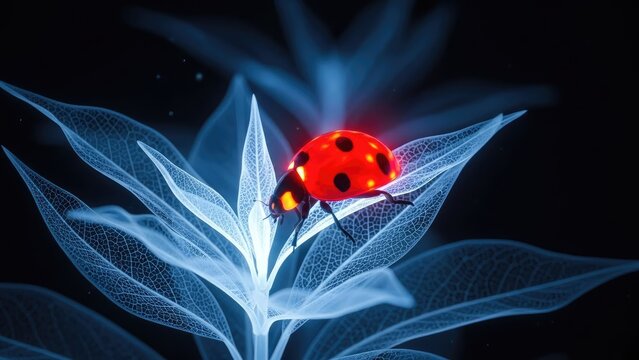 A ladybug perches on a glowing blue leaf in the dark