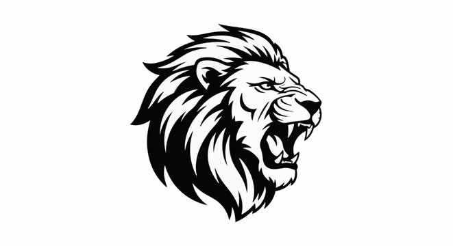 Stylized black and white roaring lion head logo with sharp fangs
