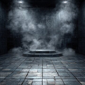 A dimly lit, stone-walled chamber with a raised platform engulfed by ethereal mist
