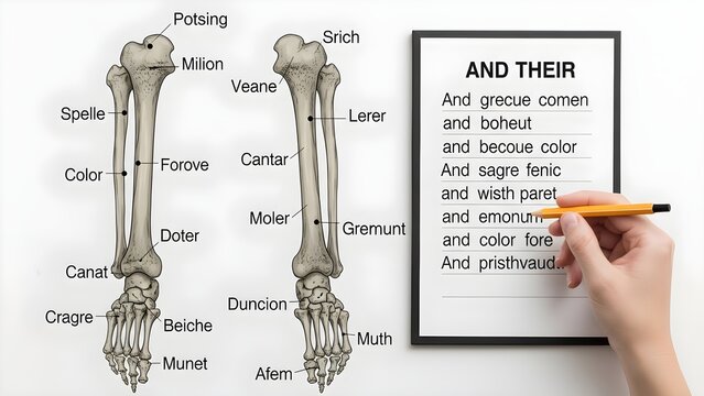 Educational lower limb anatomy illustration with paired tibia and fibula bones labeled beside a clipboard worksheet where a learner highlights terms using a pencil, ideal for leg bone labeling practic