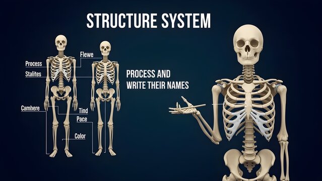 Human skeletal system poster showing full body skeletons in different poses with labeled major bones, emphasizing axial and appendicular divisions, ideal for structure system lessons, labeling practic