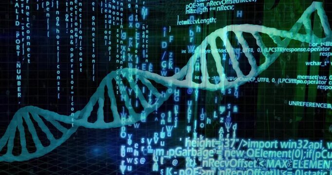DNA double helix winding diagonally across dark wireframe grid, streaming glowing code in 3D render