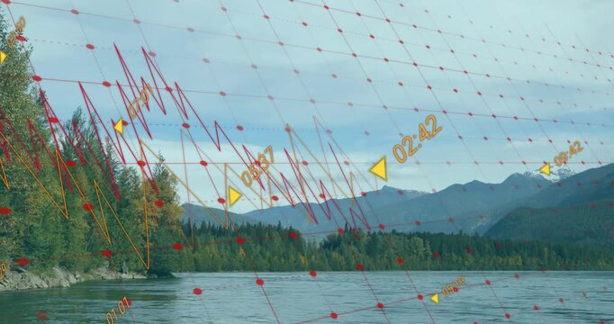 Zigzag data lines being animated over river scene, with red grid overlay and yellow markers