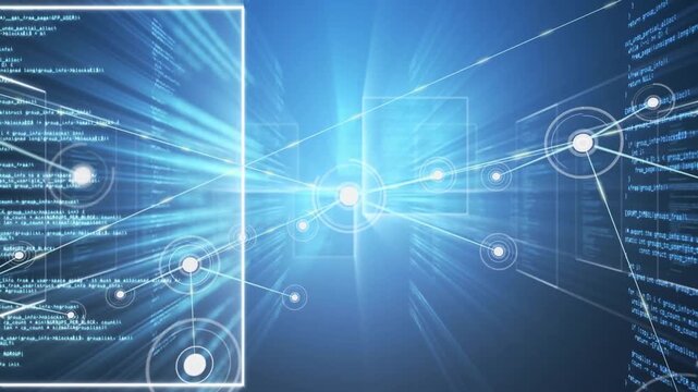 Digital network interface animating in 3D render, with glowing central node radiating beams
