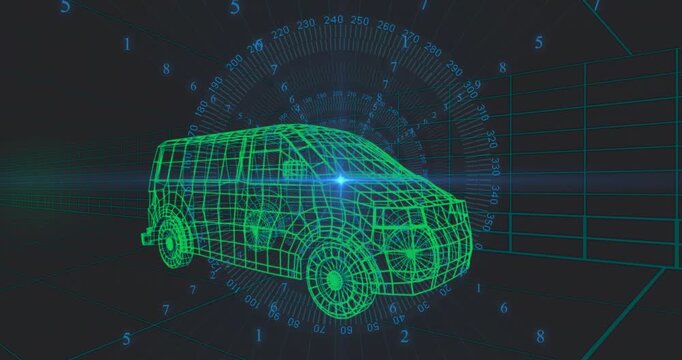 3D wireframe van model rotating in dark virtual space with grid planes and numeric scale overlays