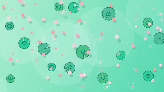 Seamless Looping 2D Vector Animation of a Tranquil Spring Pond with Falling Cherry Blossoms, Ripples, and Kawaii Frogs