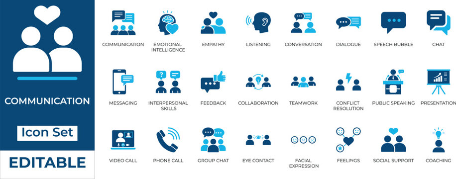 Editable communication and soft skills vector icon set. Features teamwork, empathy, digital messaging, and business presentation icons in flat design.