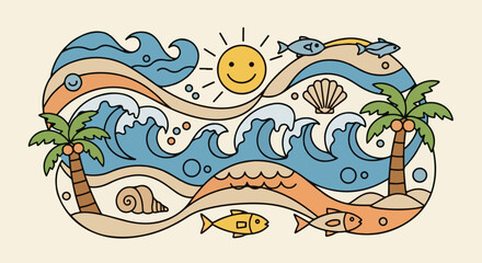 Naklejka premium Stylized beach scene with smiling sun, palm trees, waves, fish, and shells