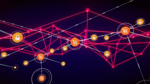 Cart node pulsing replicating carts and padlock icons on magenta mesh securing commerce network