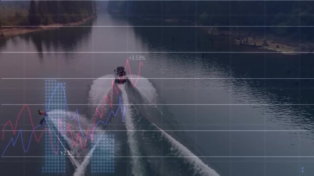 Motorboat entering lake towing skier carving wakes with overlaid graphs tracking sports performance