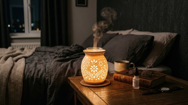 A cozy bedroom scene with a warm candle, a cup of tea, and a book on a wooden table.
