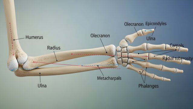 Human upper limb skeletal anatomy diagram showing humerus, radius, ulna, olecranon, carpals, metacarpals and phalanges with labeled joints and landmarks for orthopedic, sports medicine and anatomy edu