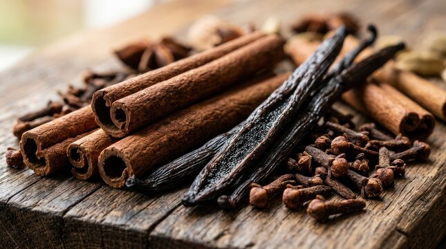 Cinnamon sticks, vanilla beans, and cloves on a wooden surface.