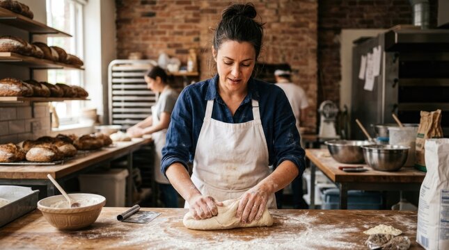 A woman in a bakery kitchen, kneading dough on a wooden table with a brick wall in the background.