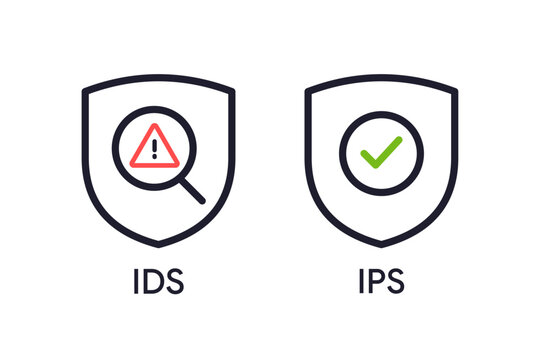 IDS and IPS cybersecurity icons with shield symbols, warning and protection indicators in clean minimalist style. Perfect for network security, intrusion detection, prevention systems, and tech UI.