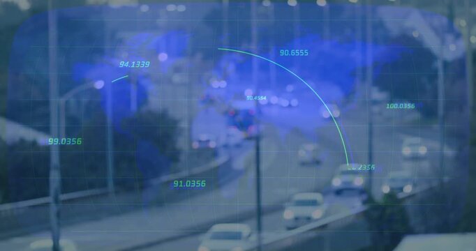 On start, curved road cars moving as cyan arcs and numeric labels animating, mapping traffic flow