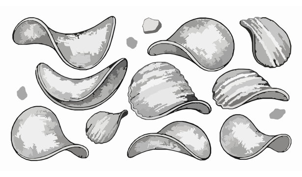 Vintage hand drawn potato chips engraving style vector illustration set isolated on white background