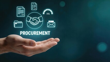 Fototapeta premium Hand holding hologram procurement concept with handshake contract invoice email and analytics icons digital business technology supply chain management corporate partnership