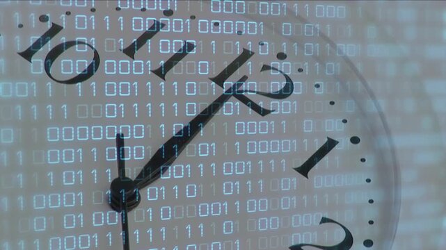 Clock starting near 12, hands rotating while binary stream shifting, visualizing time-data flow