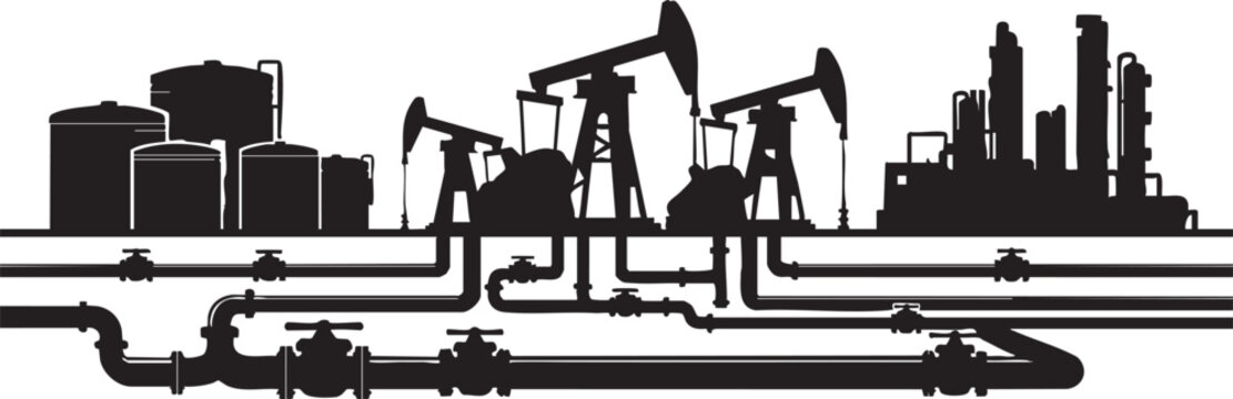 Black silhouette of oil rigs and industrial equipment with pipelines