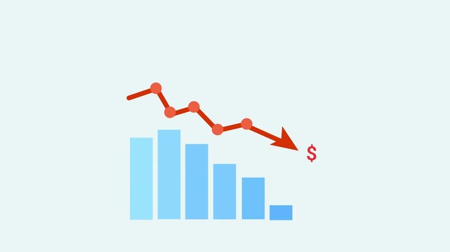 Animated bar chart with falling trend line and downward arrow on clean background, representing financial loss, market decline, negative growth, and business downturn.