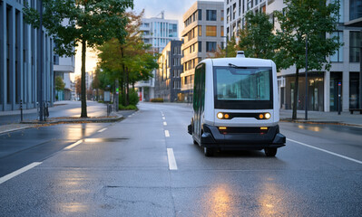 Fototapeta premium Autonomous shuttle on modern city street, future urban transport technology