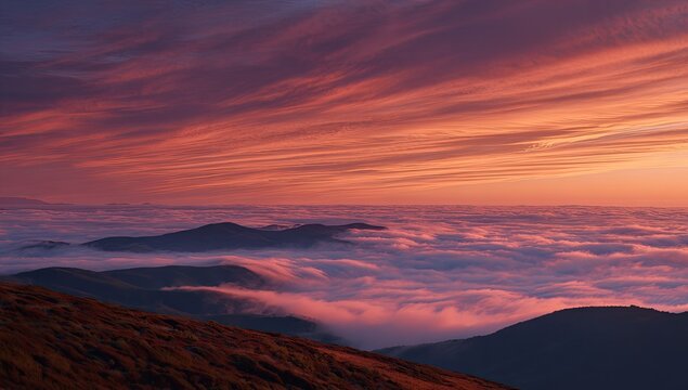 Panoramic view of mountain ranges shrouded in fog with a vibrant sunset sky