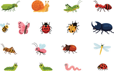Naklejka premium Set of cute cartoon insects and garden bugs including ladybug, butterfly, bee, snail, caterpillar, and grasshopper for children education, stickers, and nature design.