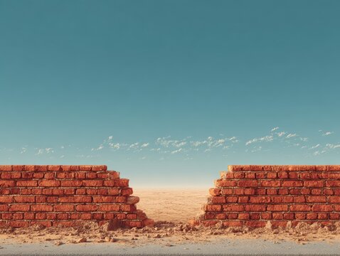 A broken brick wall with a horizon view and sky. A desert scene