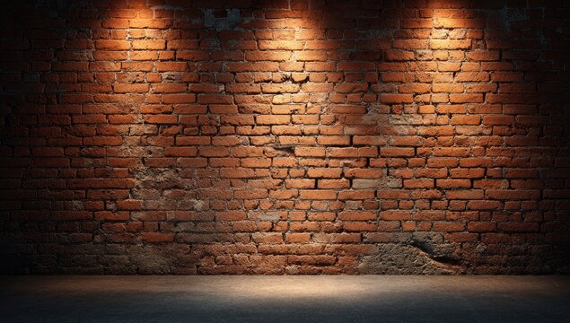 A close-up shot of a textured red brick wall, illuminated by three spotlights against darkness