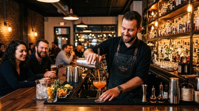 A bartender in a black apron and hat, pouring a cocktail at a bar with a man and woman in the background.
