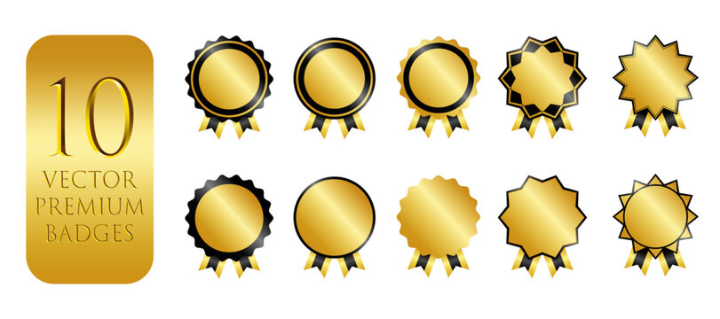 Editable ten vector premium gold badges and award seals set featuring varied ornate shapes and black ribbon accents