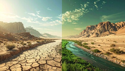 Dos realidades, un mismo planeta. División de escena, mitad seca mitad verde, río vs desierto, mensaje ambiental