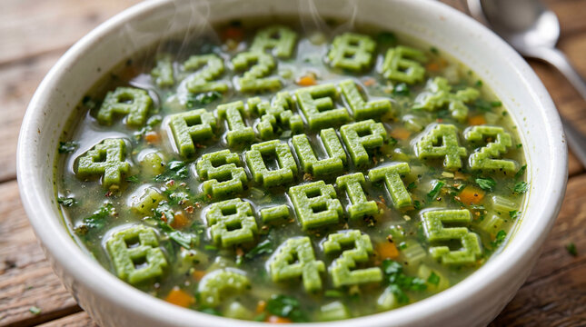 Soupe de l&eacute;gumes aux p&acirc;tes vertes en forme de caract&egrave;res pixelis&eacute;s style 8-bit formant les mots "Pixel Soup"