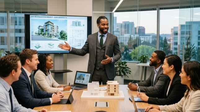 A diverse group of professionals in a modern office setting, discussing a building project with a large screen in the background.