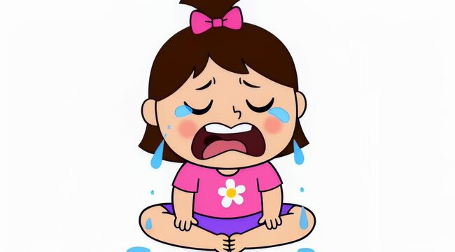Cartoon illustration of a sad little girl crying with tears streaming down her face, sitting on the floor with her tongue out, expressing deep sorrow and distress.