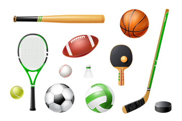 Obraz premium Realistic sport club equipment. Tennis rackets, baseball bats soccer balls football hockey sticks volleyball ball rugby 3d items racquet puck golf set exact vector illustration