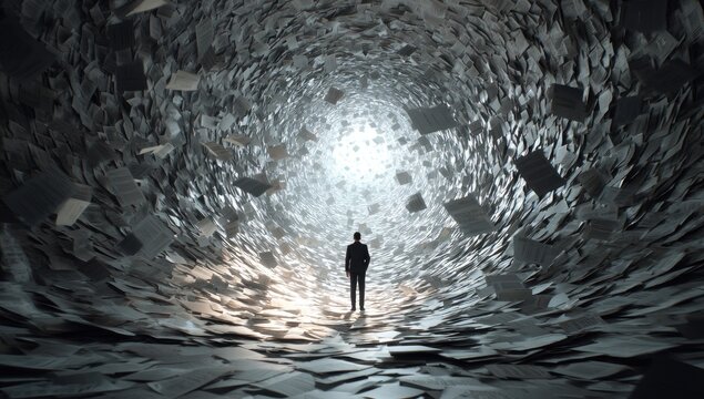 Silhouette stands at the tunnel's opening, surrounded by falling paper