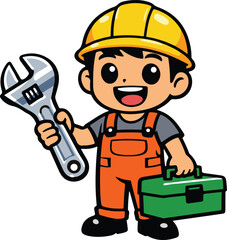 Fototapeta premium Cheerful Construction Worker Holding Large Silver Wrench and Green Toolbox, Cute Cartoon Handyman Character vector illustration 