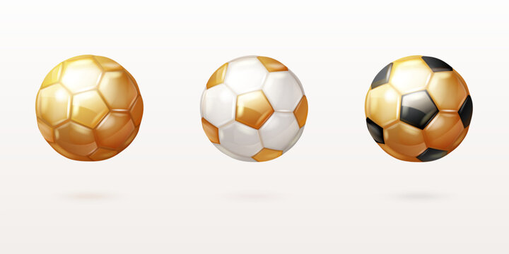 Golden soccer balls. Realistic gold black white ball, football winner trophy sport prize championship win team competition design element 3d isolated set exact vector illustration