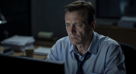 Obraz premium Thoughtful Business Man Working at Night Computer Office Low Light Scene